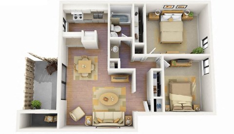 Floor plan for 2 beds, 1 bath, 865 sqft